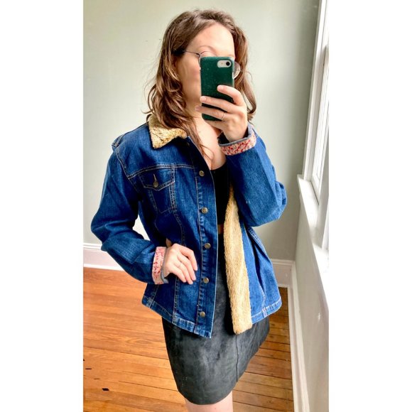 Vintage Y2K 90s Denim April Cornell Faux Fur Pink Floral Trim Jean Jacket L - Picture 1 of 11